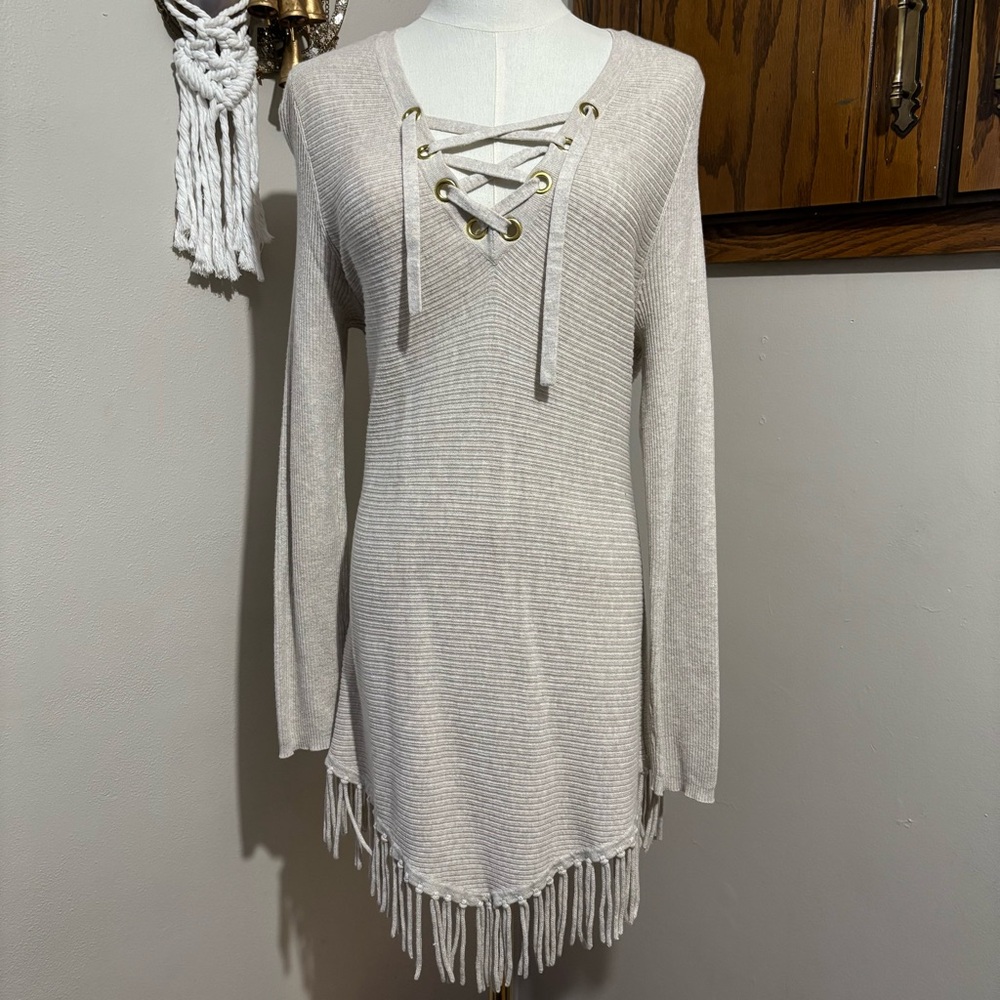 INC Beige Fringe Tunic Sweater Style Dress Size Large Lace Up Front Boho V-Neck
